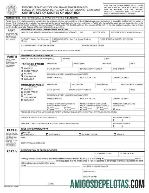 Certificado de Adoção do Departamento de Saúde dos EUA Missouri amostra